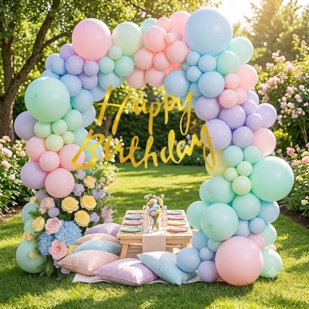 Pastel Balloon Garland Arch Kit with Golden 'Happy Birthday' Banner & Floral Accents